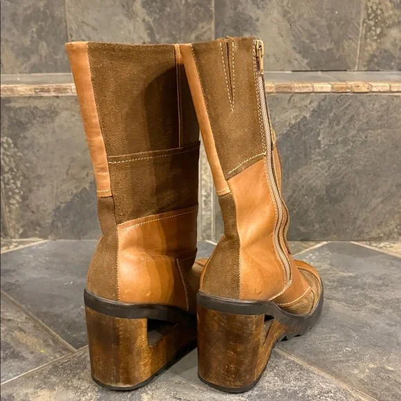 Stylish Patchwork Heeled Boots in Brown and Tan - Picture 4 of 5